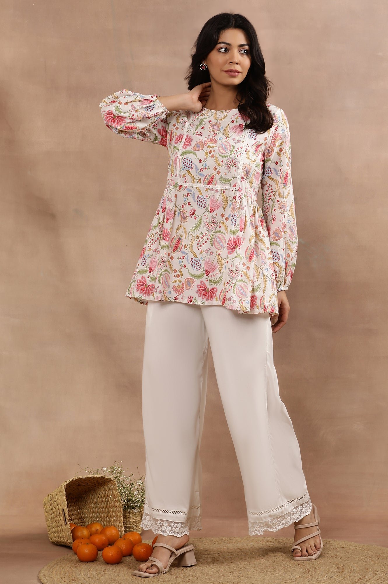 White Floral Printed Pure Cotton Top And Parallel Pants Set - Image 6